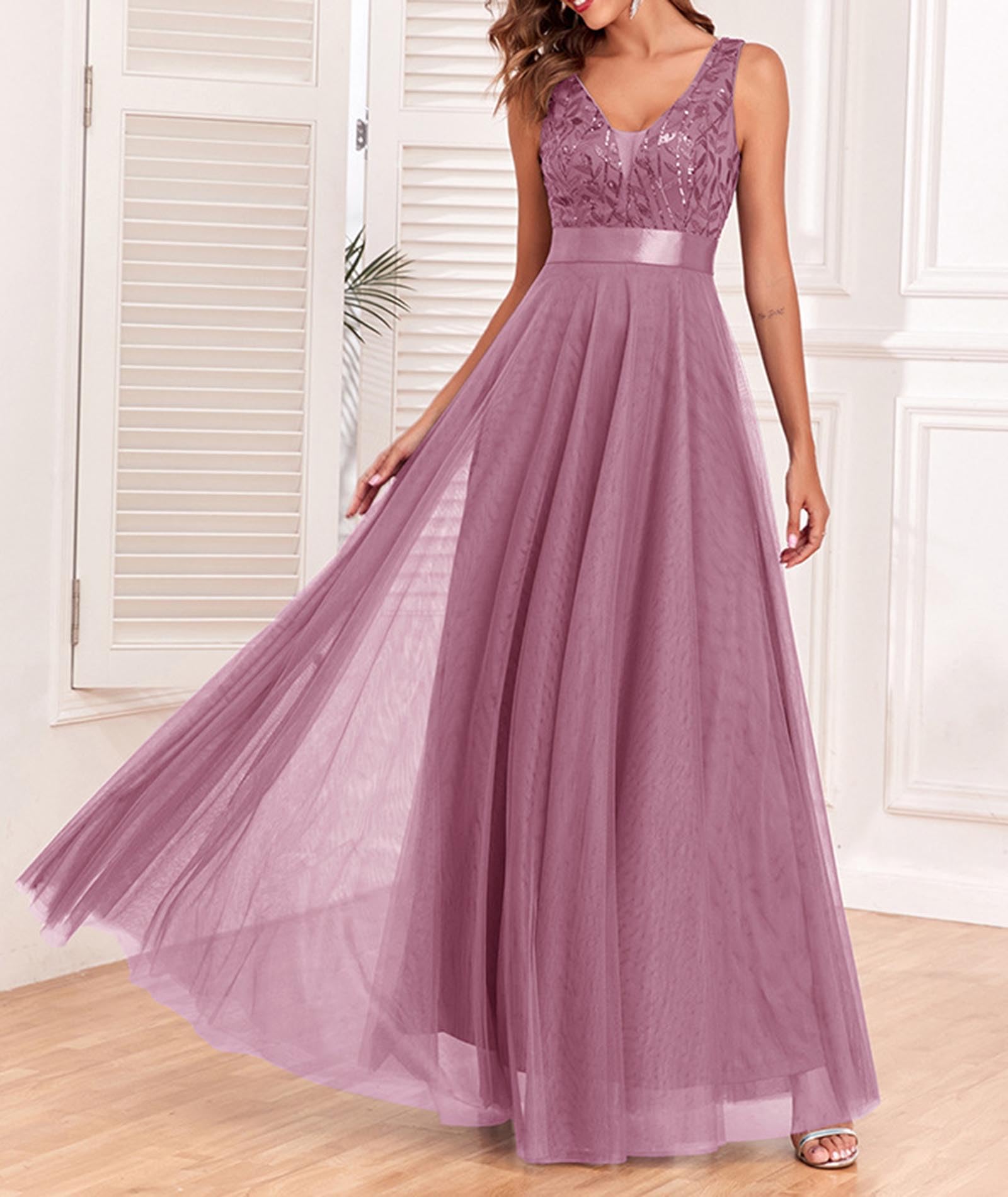 ECDAHICC Vestido de cóctel para mujer, vestido de noche, elegante, para boda, de tul, bordado, largo, sin mangas, cuello en V, vestido de fiesta