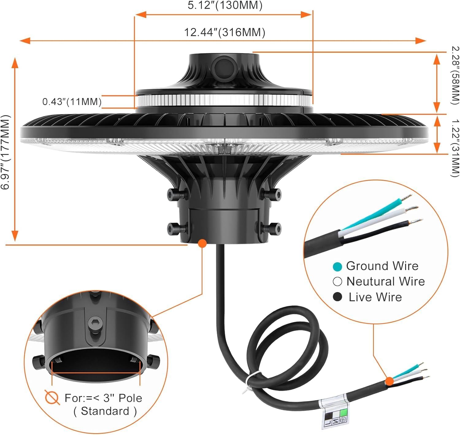 60W LED Post Top Light 8400LM 5000K Daylight Outdoor Post Light with Dusk to Dawn Photocell IP65 Waterproof UL DLC Listed LED Pole Top Light Fixture for Garden Pathway Yard Lighting, AC100-277V
