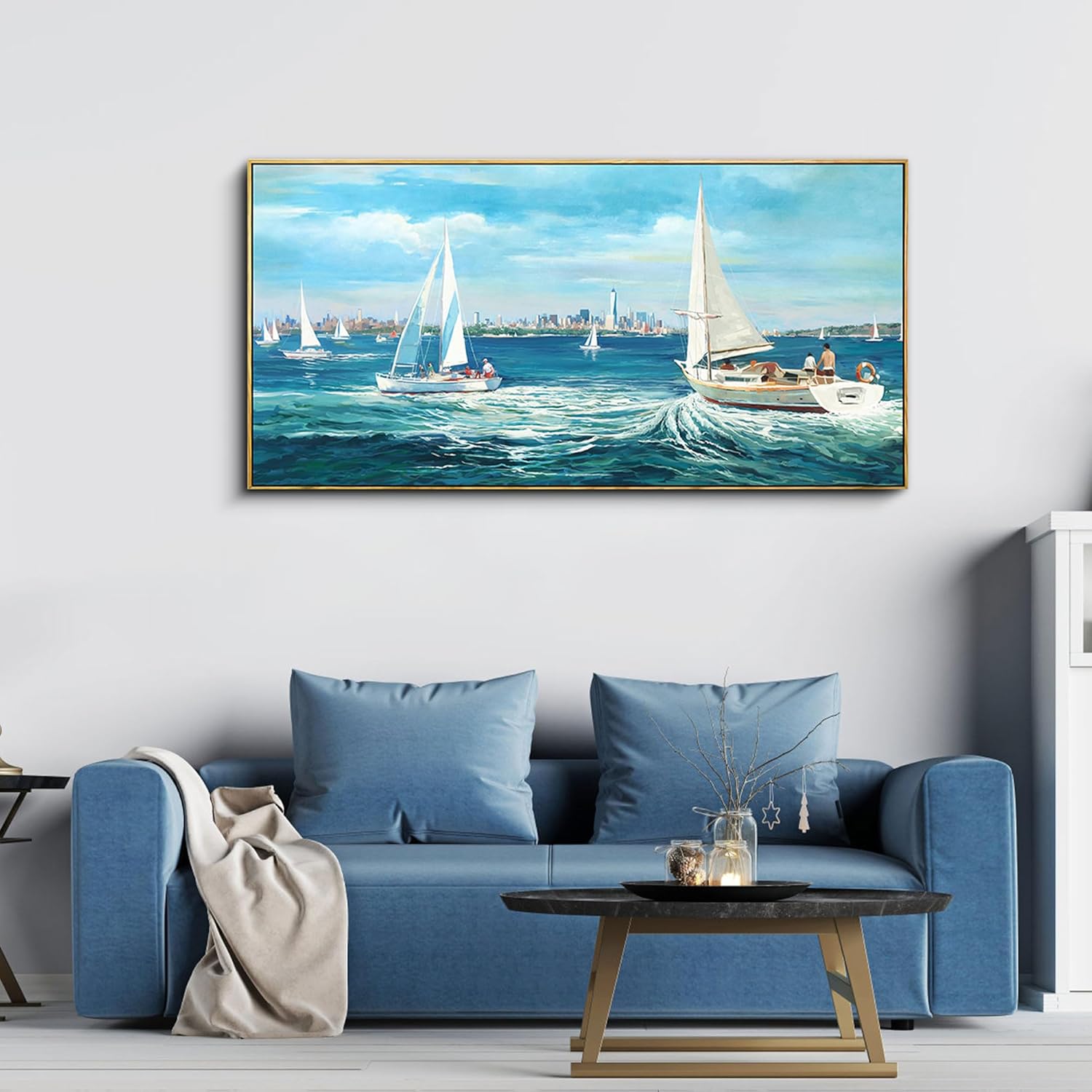 Condition photo showing New/Like New for xlsjerst blue canvas wall art seascape painting - landscape picture textured navy modern sailboat ocean artwork framed for living room bedroom bathroom home office wall decor large size 20"x40" blue 40 x 20 inches