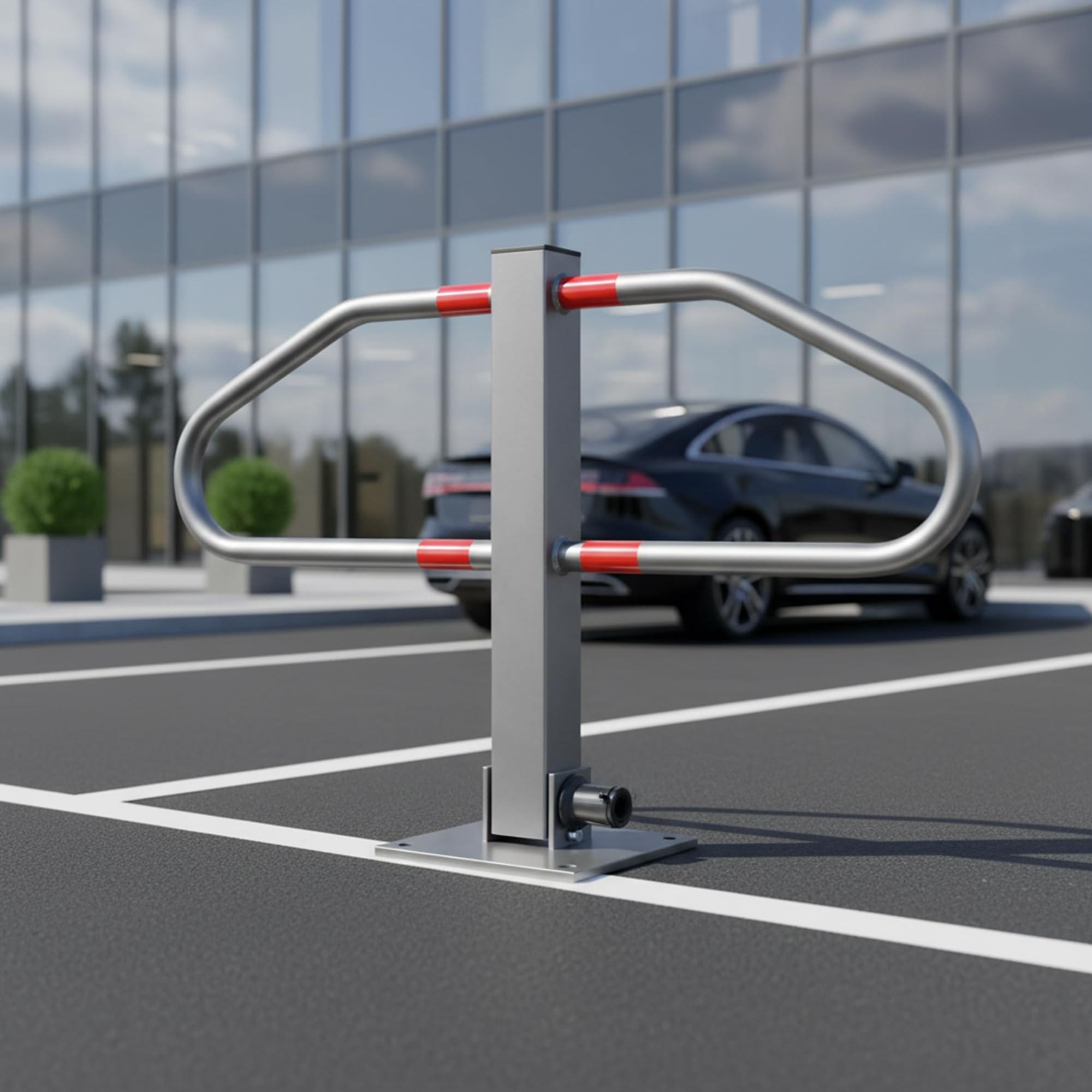 Mucola Parkplatzbügel T-Form Parksperre Grau Rot – Parkplatzsperre klappbar abschließbar 65cm breit | Robuster Stahl verzinkt, Parkbügel Sperrpfosten für Stellplatz Einfahrt Parkplatz Garage