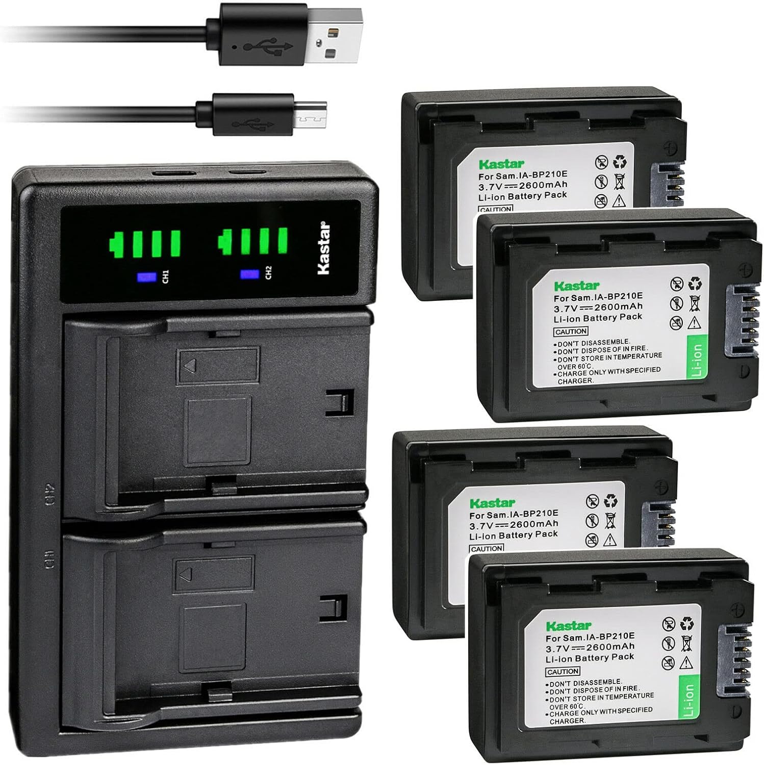 Kastar 4-Pack IA-BP210E Battery and LTD2 USB Charger Replacement for Samsung IA-BP420E, IA-BP210E, IA-BP210R, IA-BP105R, BP-210E Battery, Samsung SMX-F700, SMX-F40, HMX-S10, HMX-H200, HMX-H405