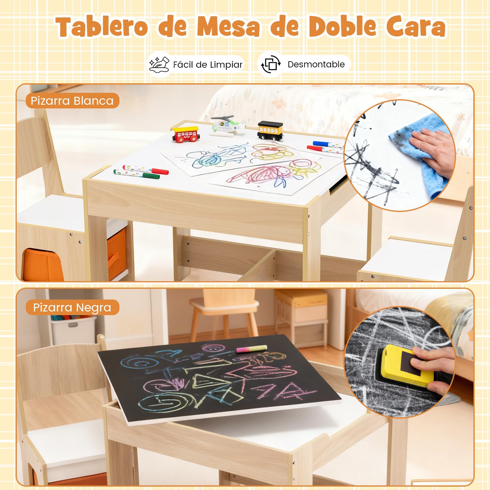 COSTWAY Juego de Mesa y Sillas Infantil, Mesa de Actividades 3 en 1 para Niños con Superficie Reversible y Cajas de Almacenaje, Set de Muebles Infantil de 3 Piezas (Naranja)