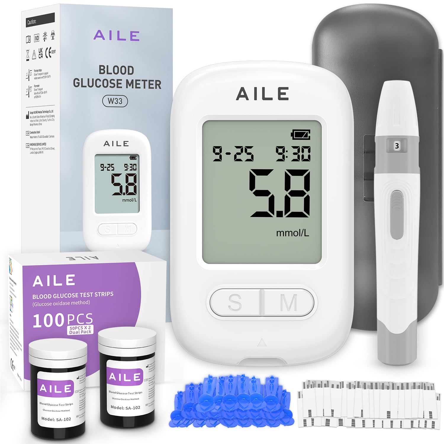 AILE Blood Glucose Test Kit Diabetes 100 Glucometer Strips 100 Lancets 1m New