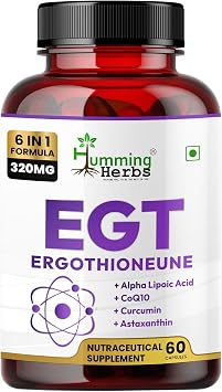 Humming Herbs EGT Supplement, 6in1 Complex of 10 mg Ergothioneine, 100 mg ALA, 100 mg CoQ10, 6 mg PQQ, Curcumin 95% Curcuminoids, 4 mg Astaxanthin Longevity Essential, 320mg, 60 Veg Caps