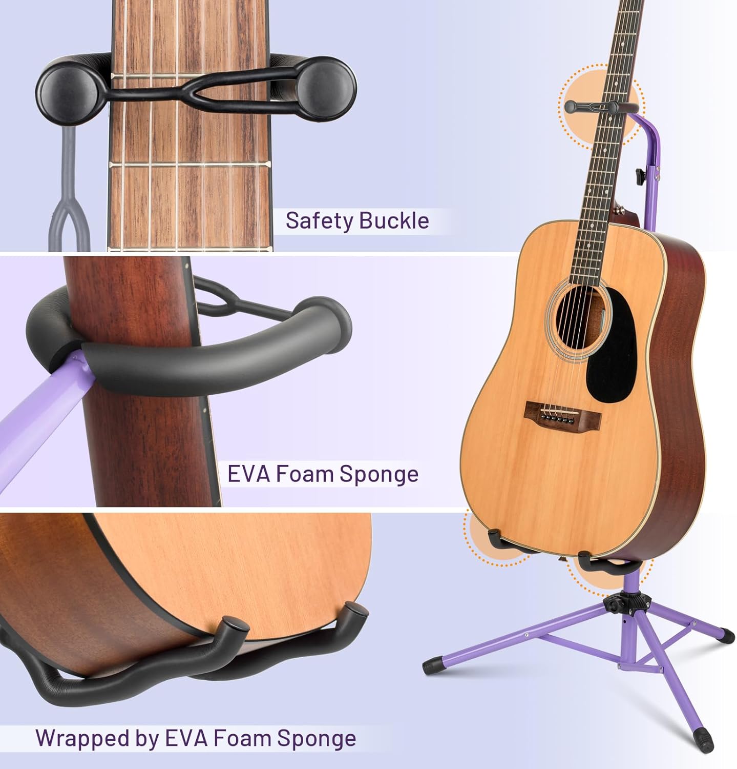 CAHAYA Folding Universal Guitar Holder - Floor Stand for Acoustic, Electric & Bass Guitars (Purple)