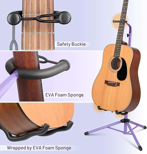 CAHAYA Folding Universal Guitar Holder - Floor Stand for Acoustic, Electric & Bass Guitars (Purple)