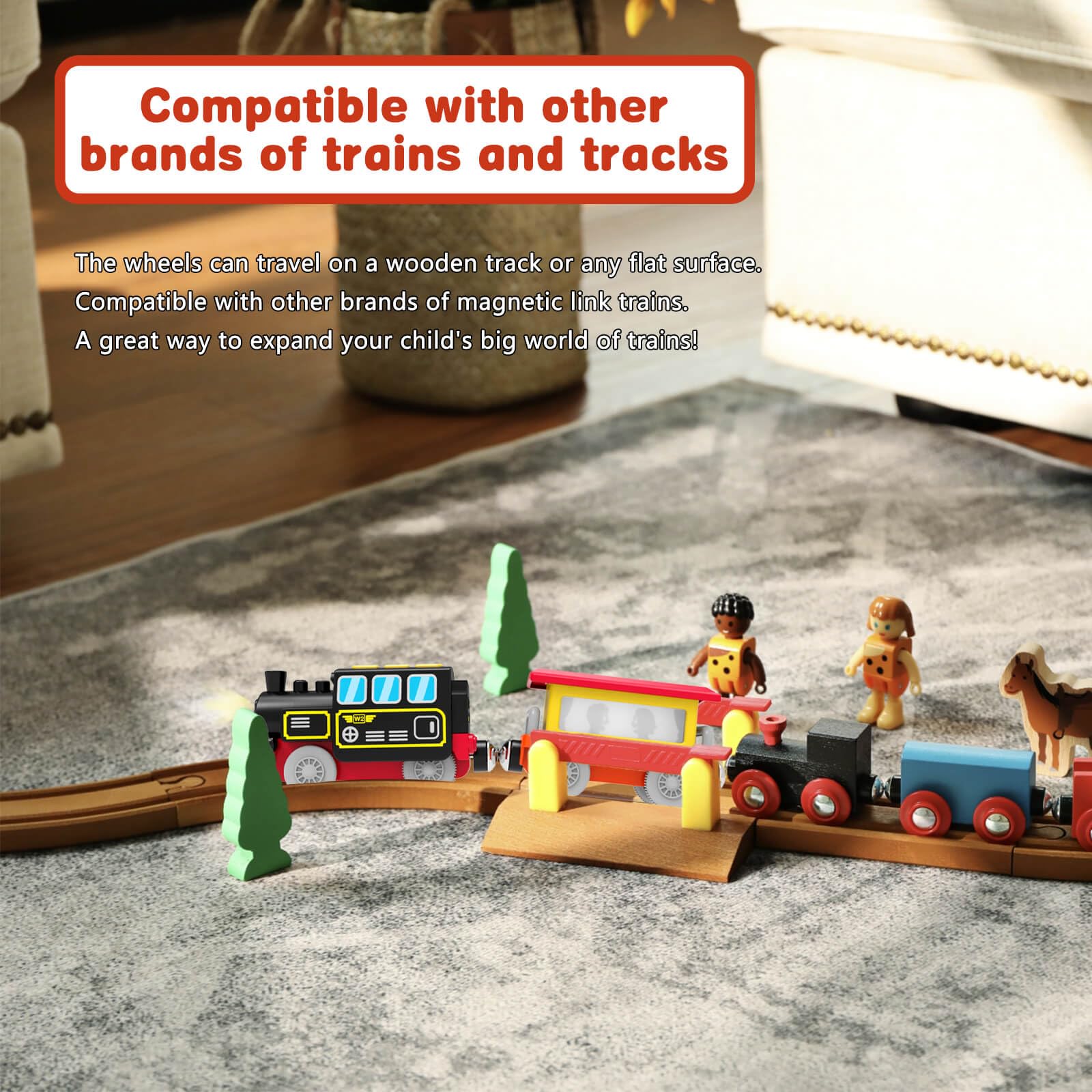 DxxD Trenino Elettrico per Bambini, Locomotiva ad Azione a Batteria con Suono e luce, Trenino Legno Giocattolo Bambino, Treno compatibile con Thomas Brio, Giocattolo Regali per Ragazze Ragazzi 3+ Anni
