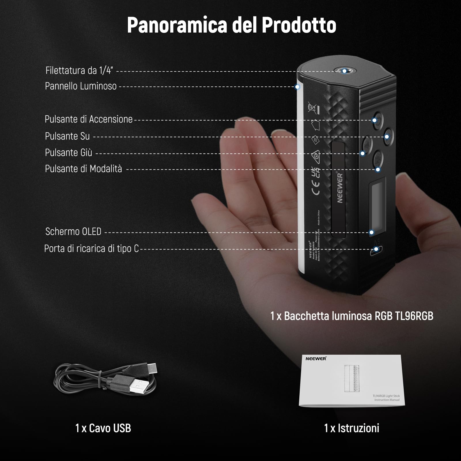 NEEWER BASICS Barra Luminosa Magnetica Portatile, Mini Luce Tubo LED RGB a 360°, Batteria 2500mAh, Dimmerabile 2500K-8500K, Light Stick per Studio Fotografia Riprese Streaming TikTok YouTube, TL96RGB