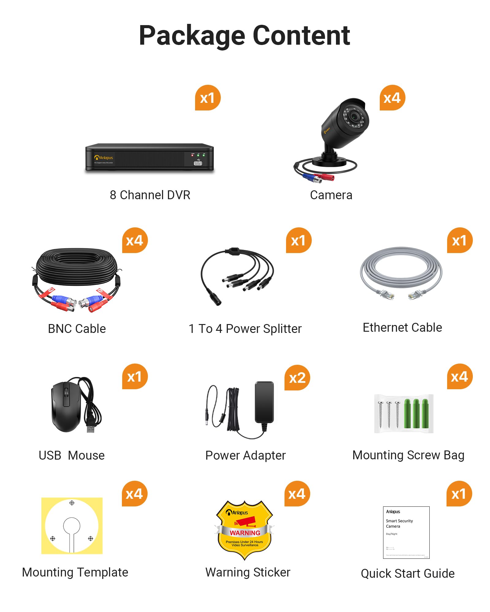 Anlapus CCTV Kit di Videosorveglianza 8 Canali 1080P H.265+ DVR con 4 * 2MP Telecamera Esterno, Backup USB, Allarme Email, Sistema di Sicurezza, Senza HDD