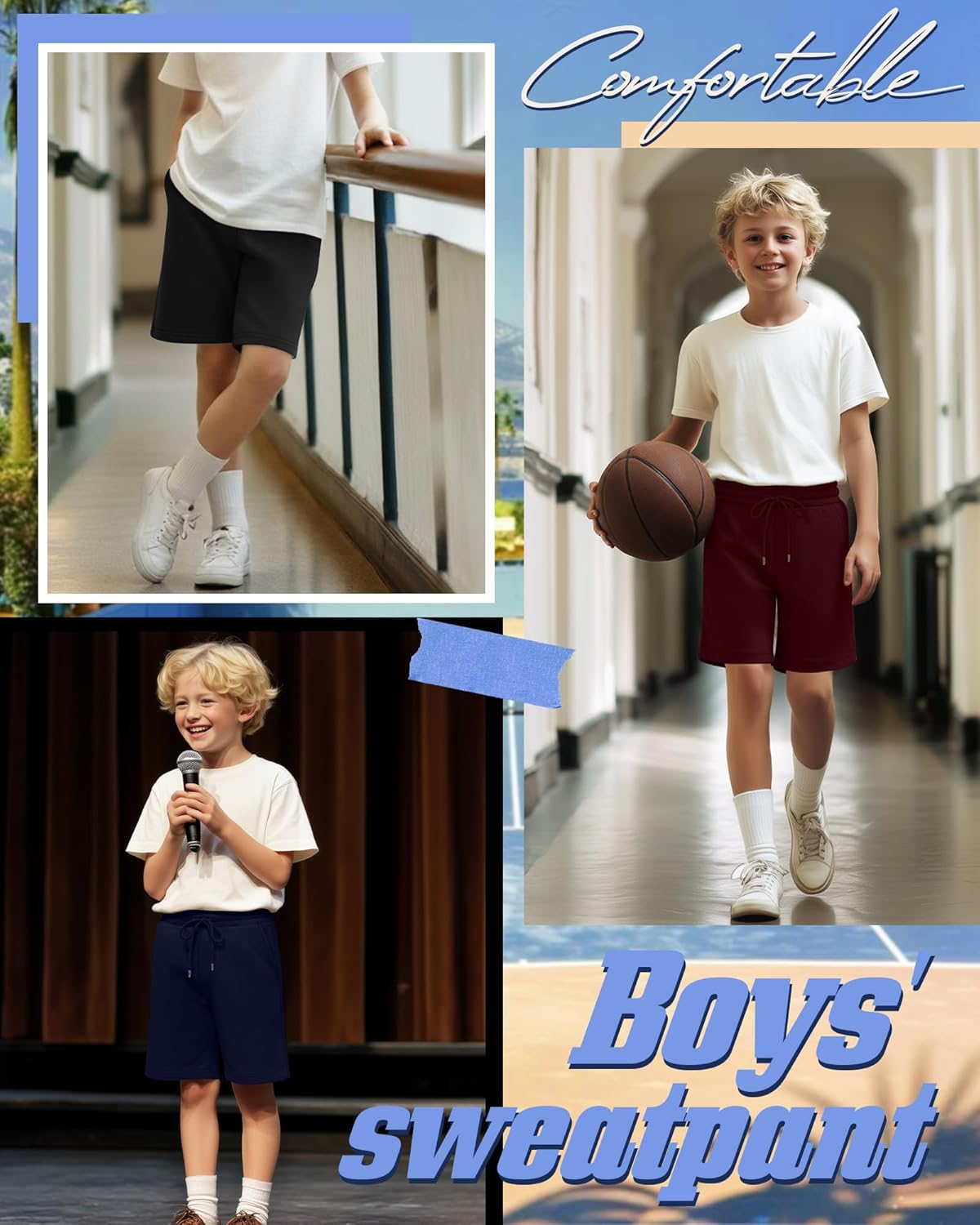 3 Pack Boys Shorts with 3 Pockets 5-14 Years Drawstring Elastic Youth Loose Sweat Shorts Kids Casual Summer Bottom