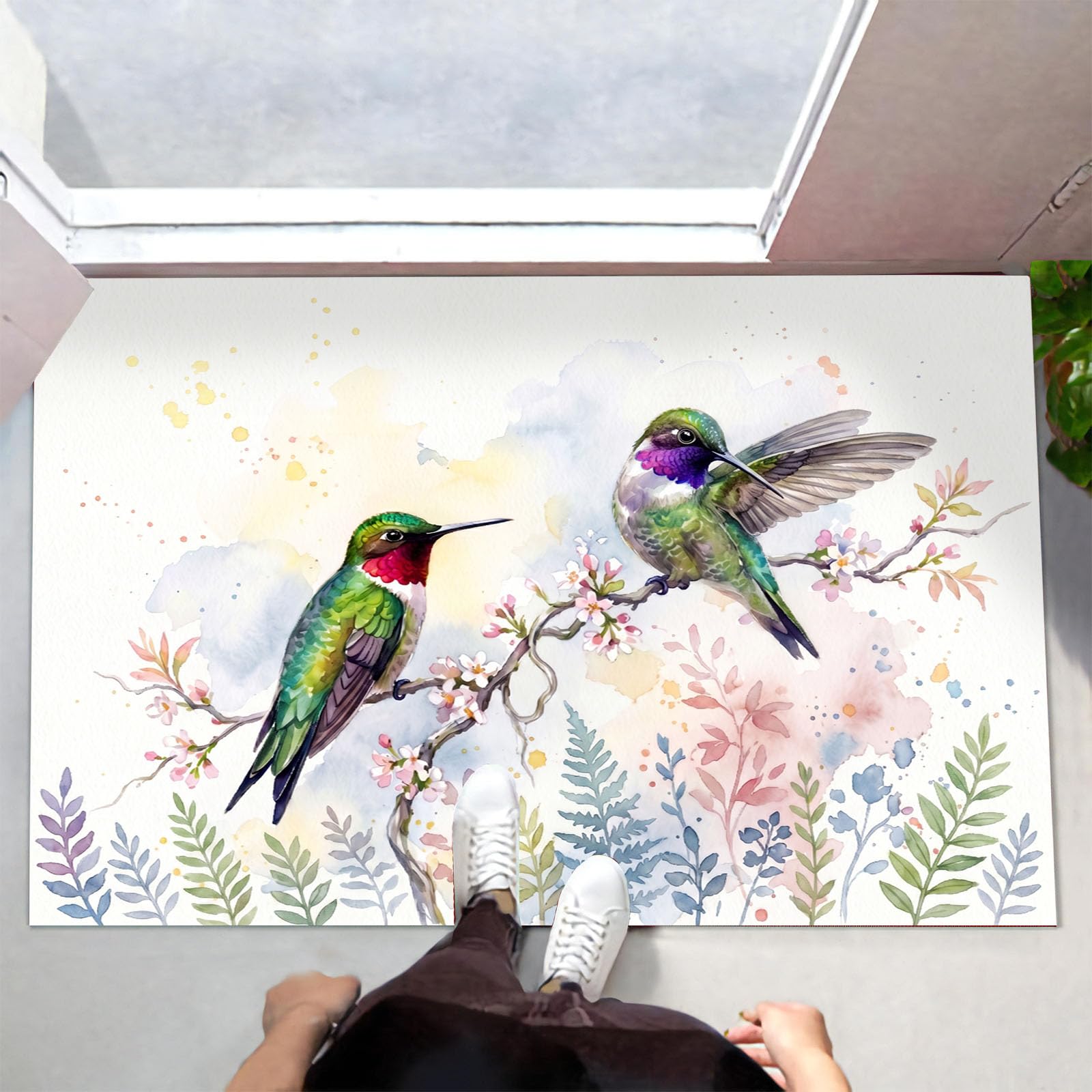 Zerbino Ingresso Interno Animali Ad Acquerello Naturale, Zerbino Di Benvenuto Lavabile Morbida Colibrì Floreale, Antiscivolo Tappeto Da Decorazioni Beige Per Casa Porta, 90X150Cm