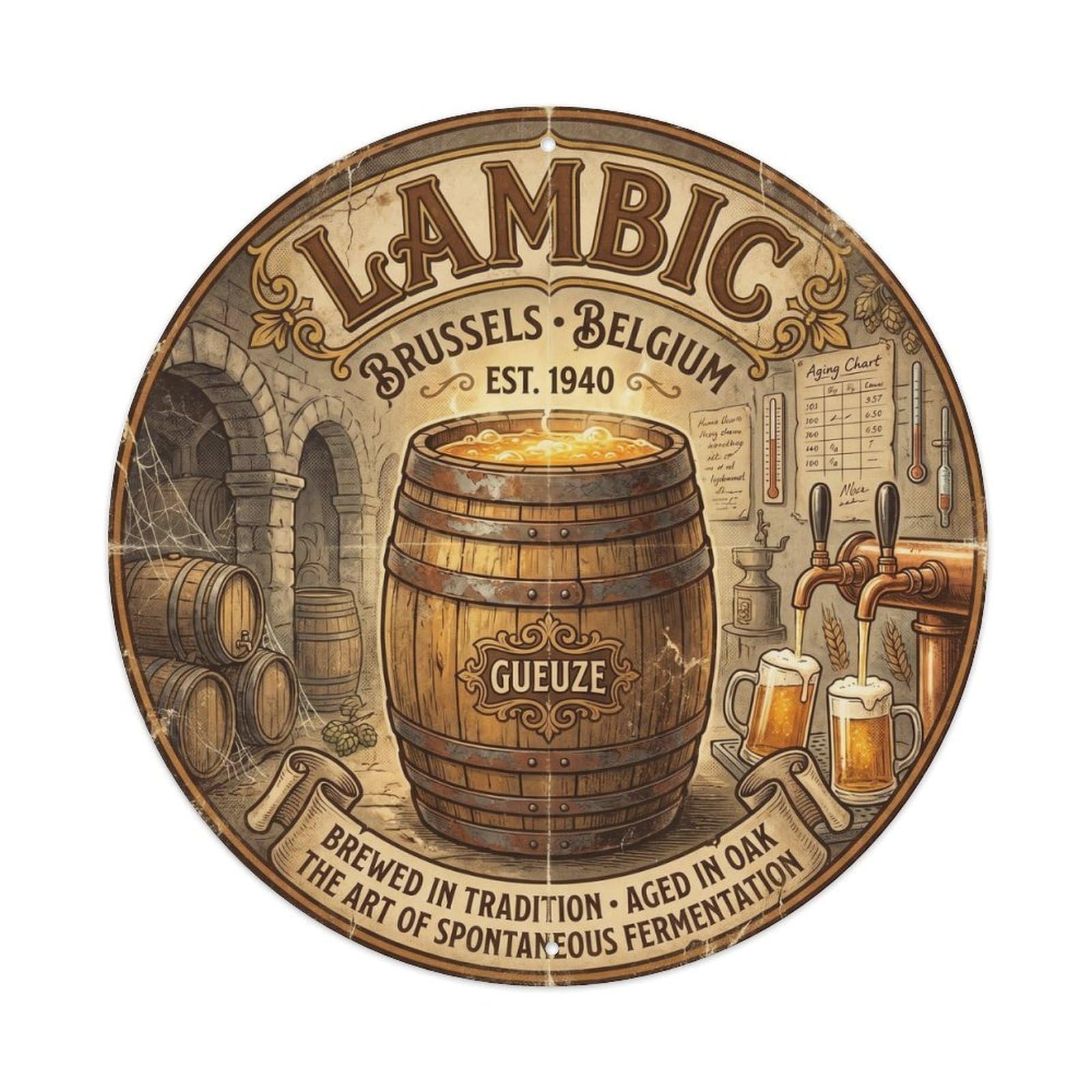 Traditional Lambic Sour Beer Malt Hops Belgian Keg Tap Metal Tin Sign