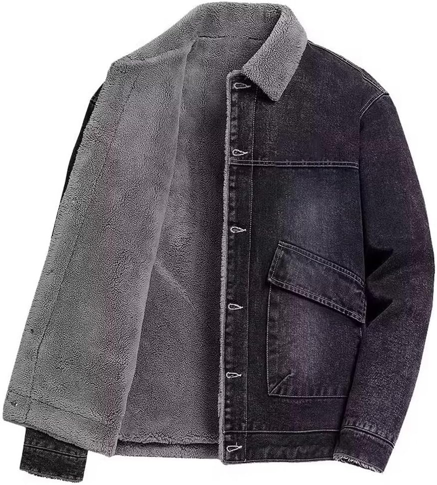 Autumn Winter Plush Lamb Cashmere Men's Denim Jacket, Casual Thickened Warm