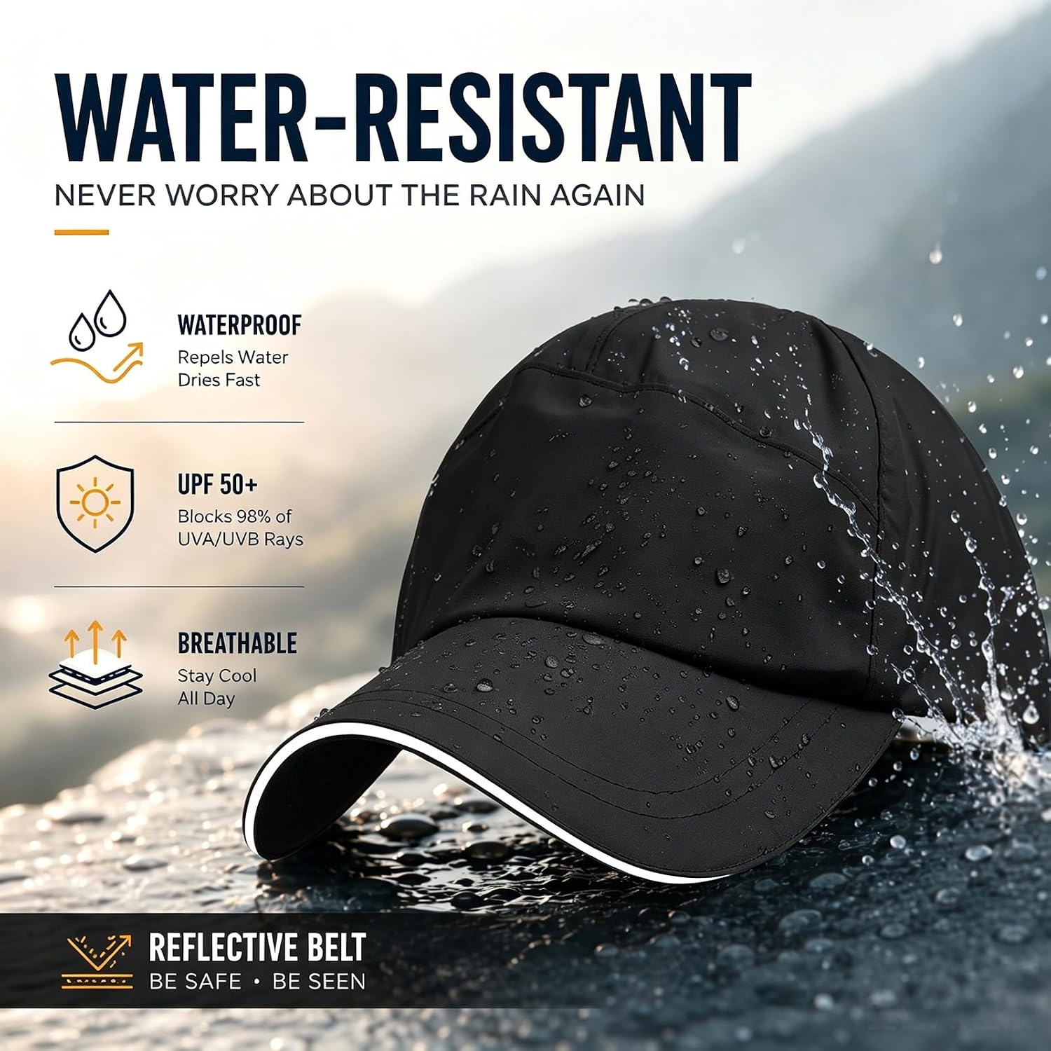 Mens Waterproof Baseball Cap UPF 50+ Sun Protection Windproof Breathable Unisex Quick Dry Outdoor Rain Hat