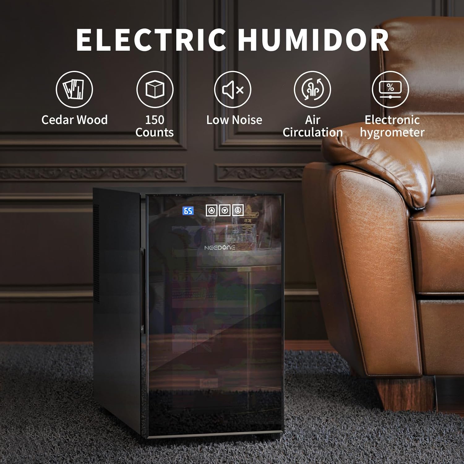 Image showing a clear plastic water box and humidity control packs inside the humidor, with text 'MOISTURE CONTAINER HELP EASILY REGULAR HUMIDITY'.