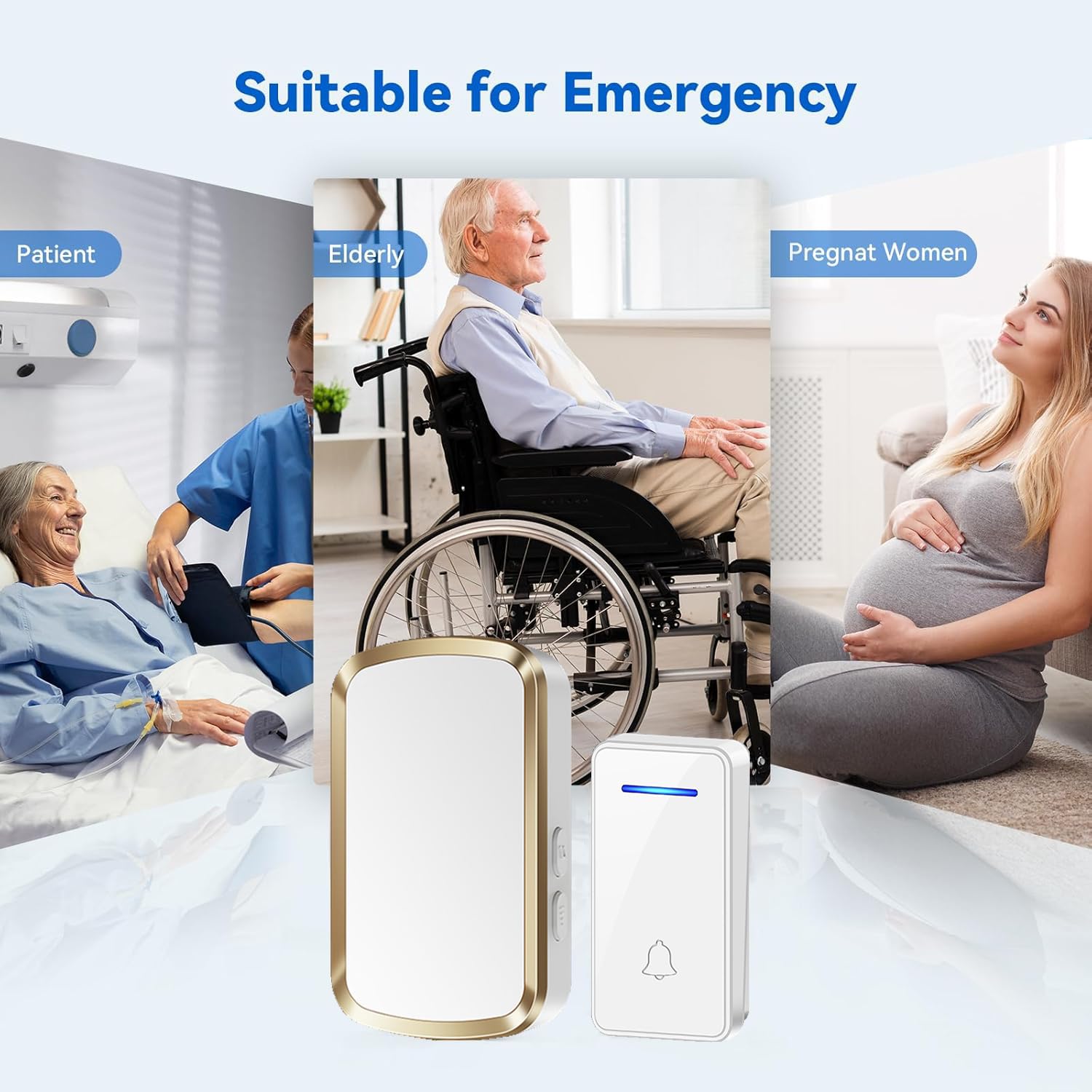 Genérico Timbre inalámbrico autoalimentado sin batería, Kit de Enchufe inalámbrico Impermeable IP65, 2 receptores, 60 timbres Fuertes y Volumen de 5 Niveles (0-120 dB) y LED para el hogar,