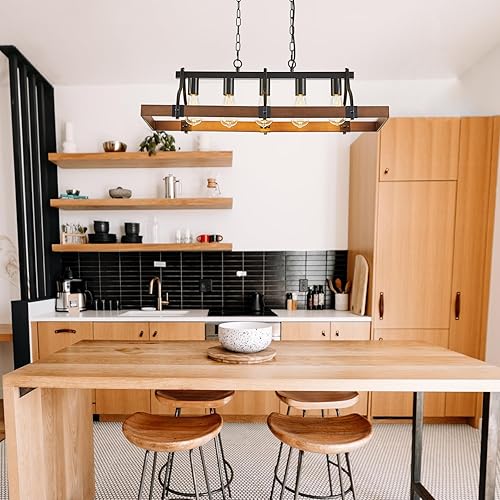 Miniatura 4 de Candelabros de granja para comedor, lámpara rústica de isla de cocina de 5 luces, lámpara lineal de madera industrial negra rectangular colgante con