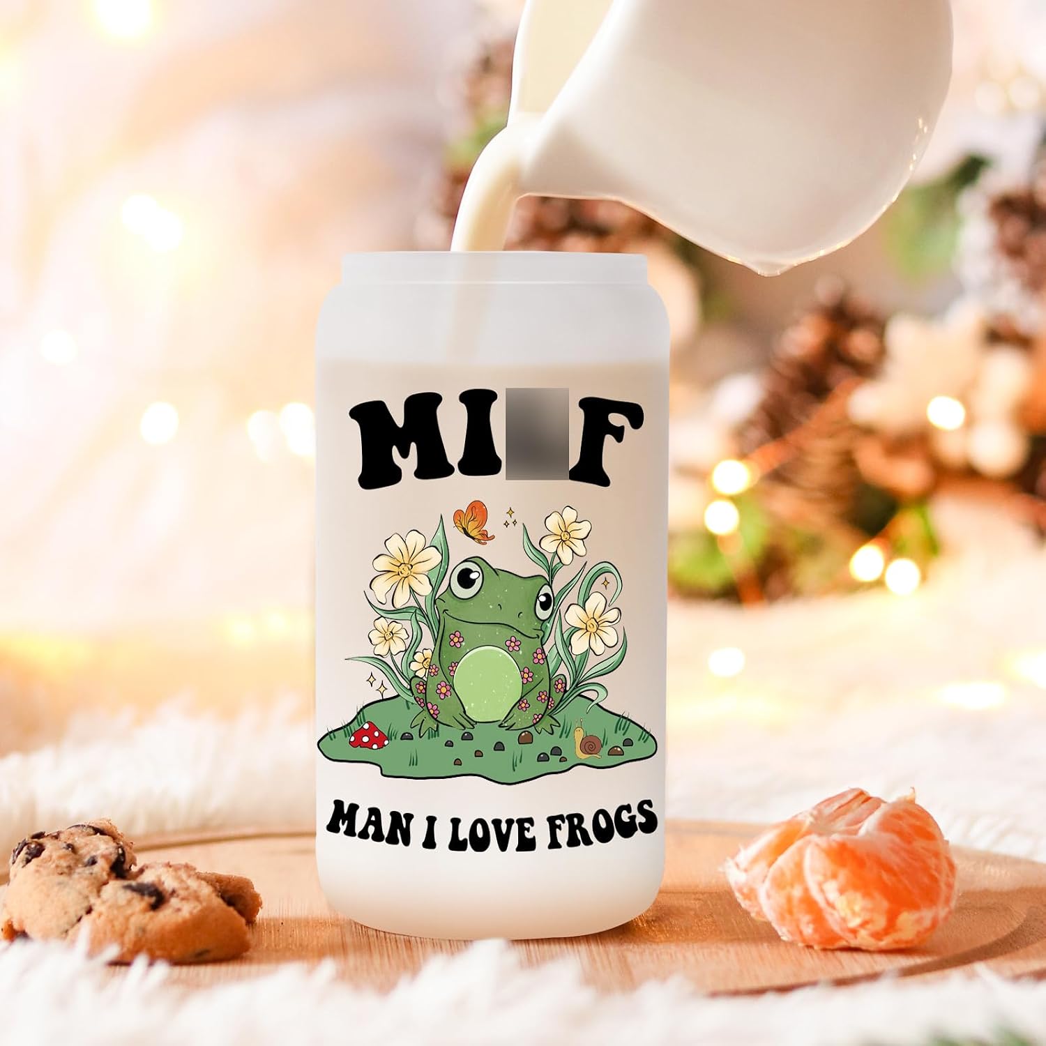 Fairy's Gift Frog Themed Cup, Cute 16 oz Frosted Glass Cups w/Lids Straws