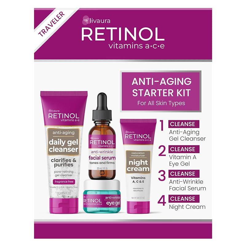 LIVAURA Conjunto de cuidados para a pele com retinol: limpador, sérum, gel para olhos e creme