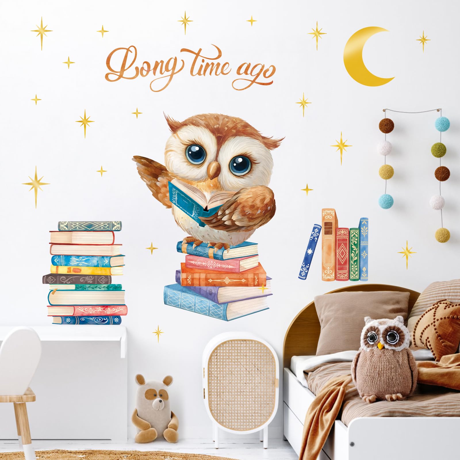 SHUCHING Large Owl Books Wall Stickers, Reading Corner Wall Decals, Removable Vinyl Decorations for Baby Kids Bedroom Nursery Playroom