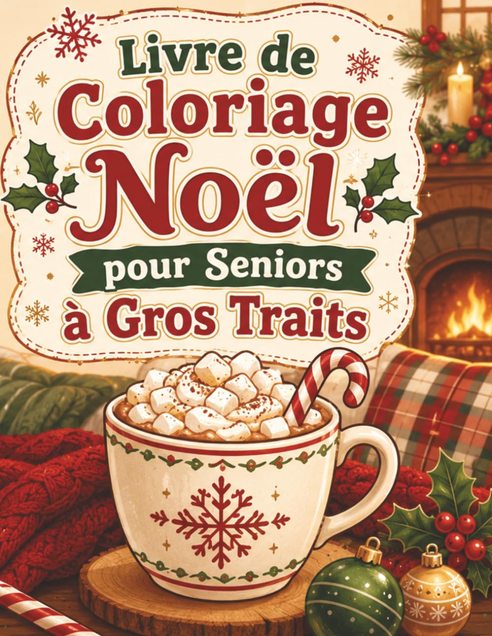 Livre de Coloriage Noël pour Seniors à Gros Traits: Grands motifs de fêtes simples et relaxants avec décorations, bougies, bonhommes de neige et paysages enneigés