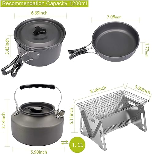 Miniatura 2 de Juego de utensilios de cocina para campamento, 10 piezas de utensilios para 3 personas, sartén de acero inoxidable, olla, hervidor, estante para