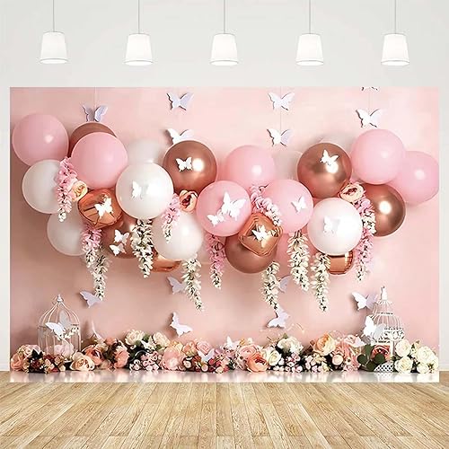 Miniatura 4 de Telón de fondo para bebé recién nacido, 1er cumpleaños, globo rosa, mariposa, telón de fondo para baby shower, retrato de fotografía, telón de fondo