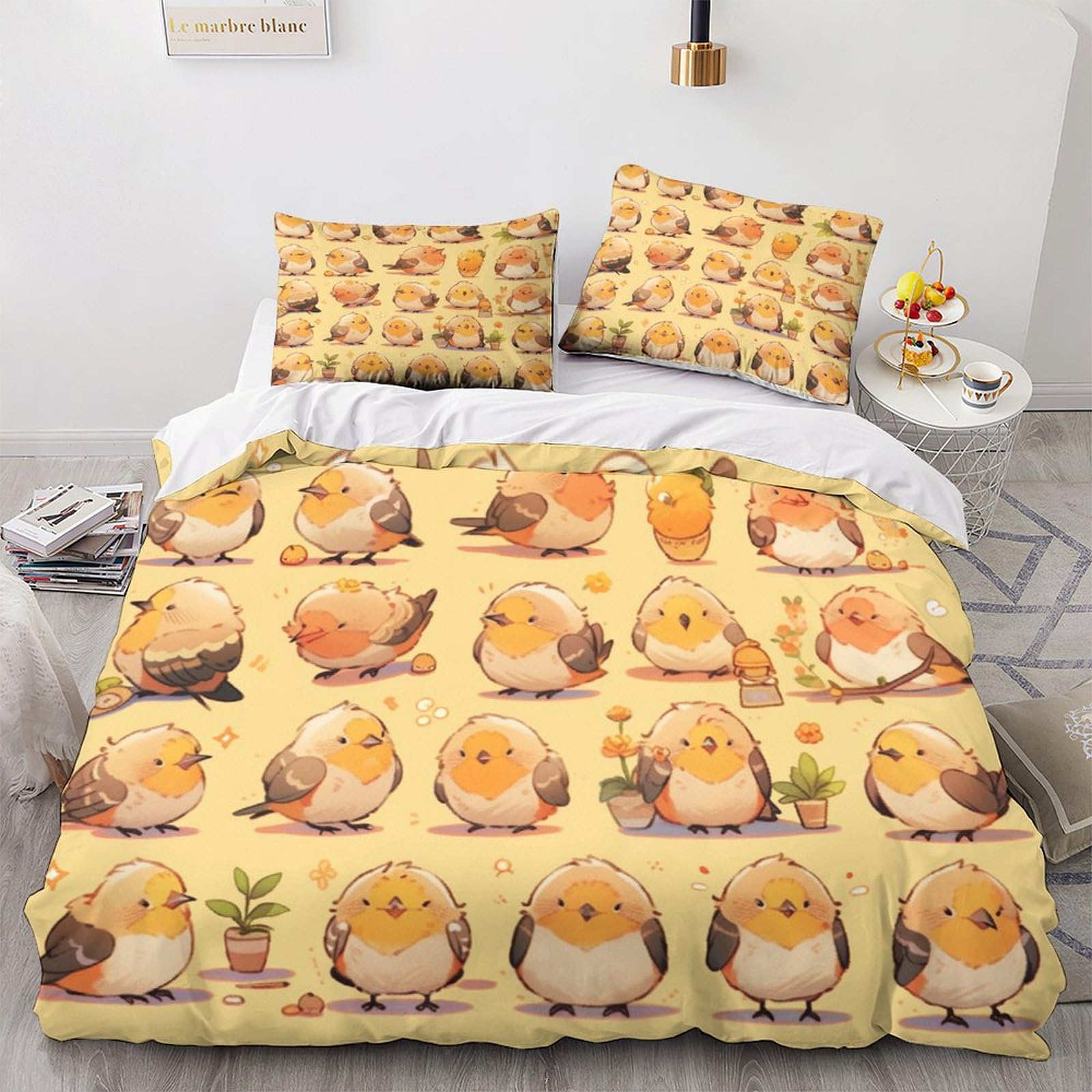 Housse de couette canari jaune imprimé oiseau en microfibre double 200x200 cm avec taies d'oreiller