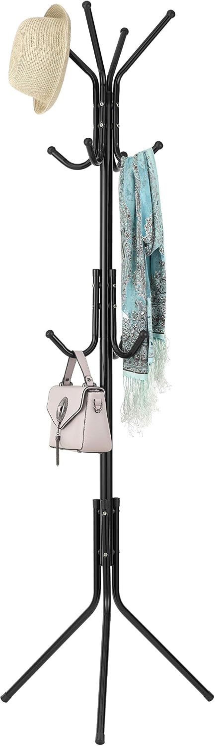 Finnhomy Coat Rack, Freestanding Hat Rack, Clothing Rack, Hall Coat Tree Stand with 11 Hooks for Jacket, Purse, Scarf, Umbrella, for Entryway, Hallway, Bedroom, Black