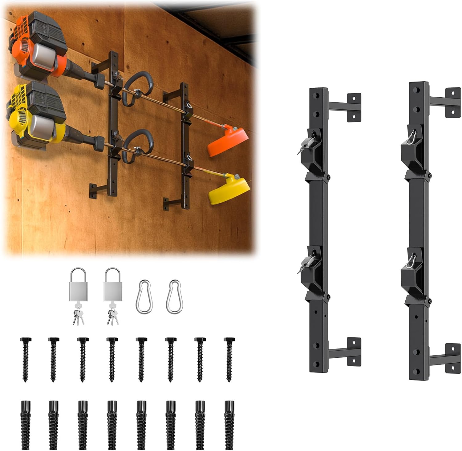 Weed Eater Rack for Enclosed Trailer with Locks, 2 Place Weedeater Rack for Open/Enclosed Trailers Spring Hasp Trimmer Rack 360° Pad Enclosed Trailer Accessories Lawn Care Equipment