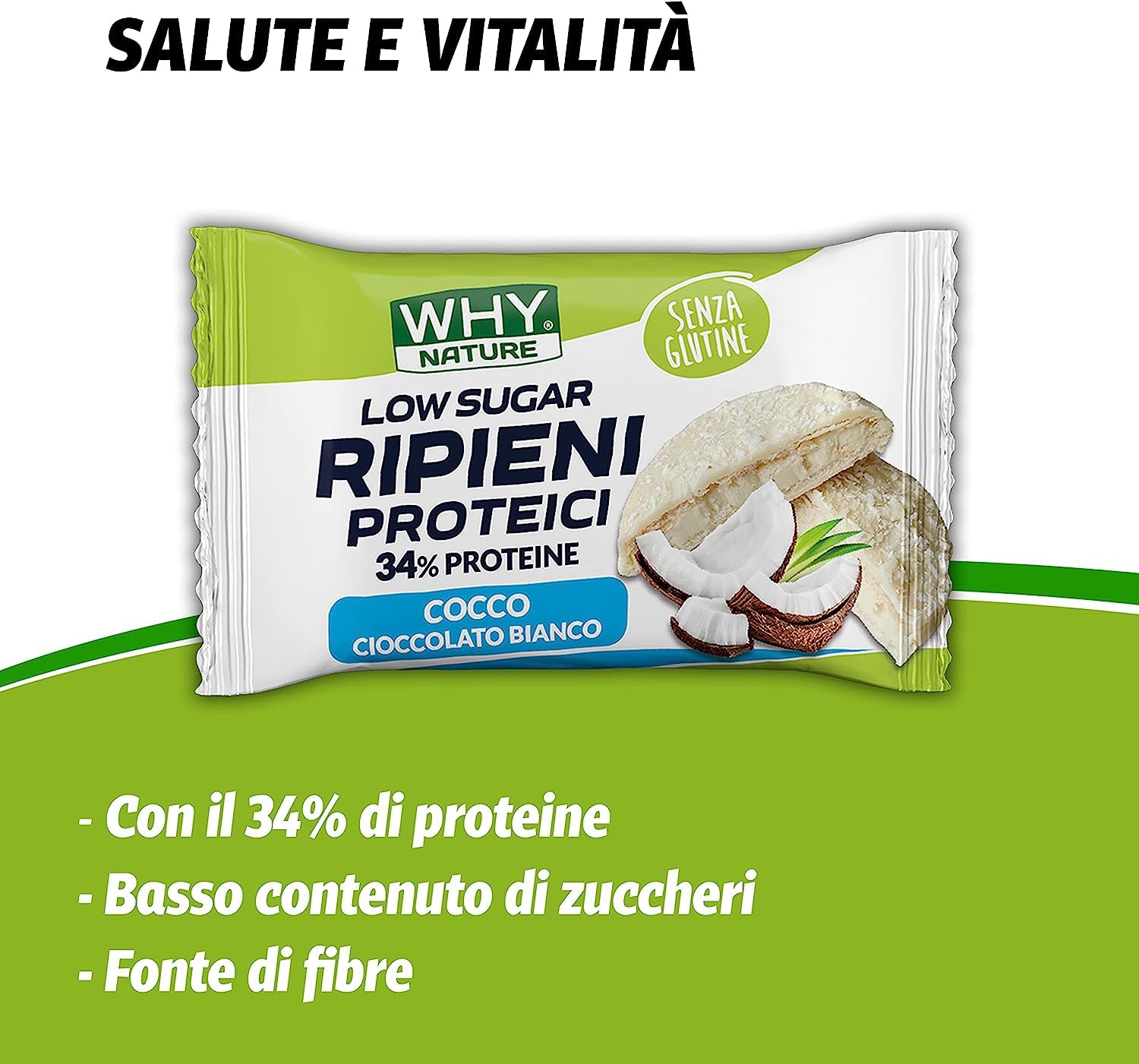 WHY NATURE RIPIENI PROTEICI - Biscotti Proteici Ripieni Di Crema Proteica - Biscotti Monoporzione Senza Glutine - Gusto Cocco e Cioccolato Bianco - Box da 40 Pezzi - 17 gr