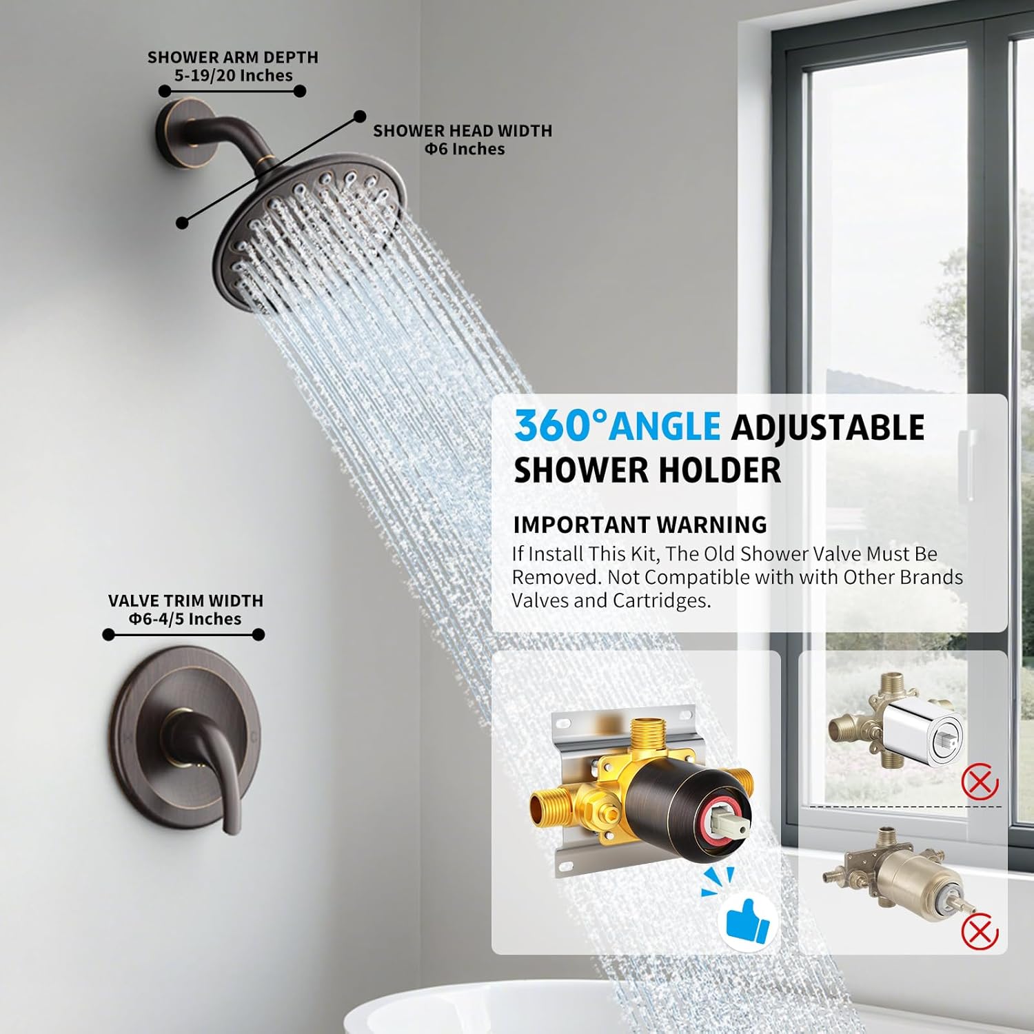 EMBATHER Shower Faucet Set, Single Handle Control Shower Valve and Trim Kit, Shower Faucets Sets Complete with 6 Inch Rain Shower Head, Oil Rubbed Bronze