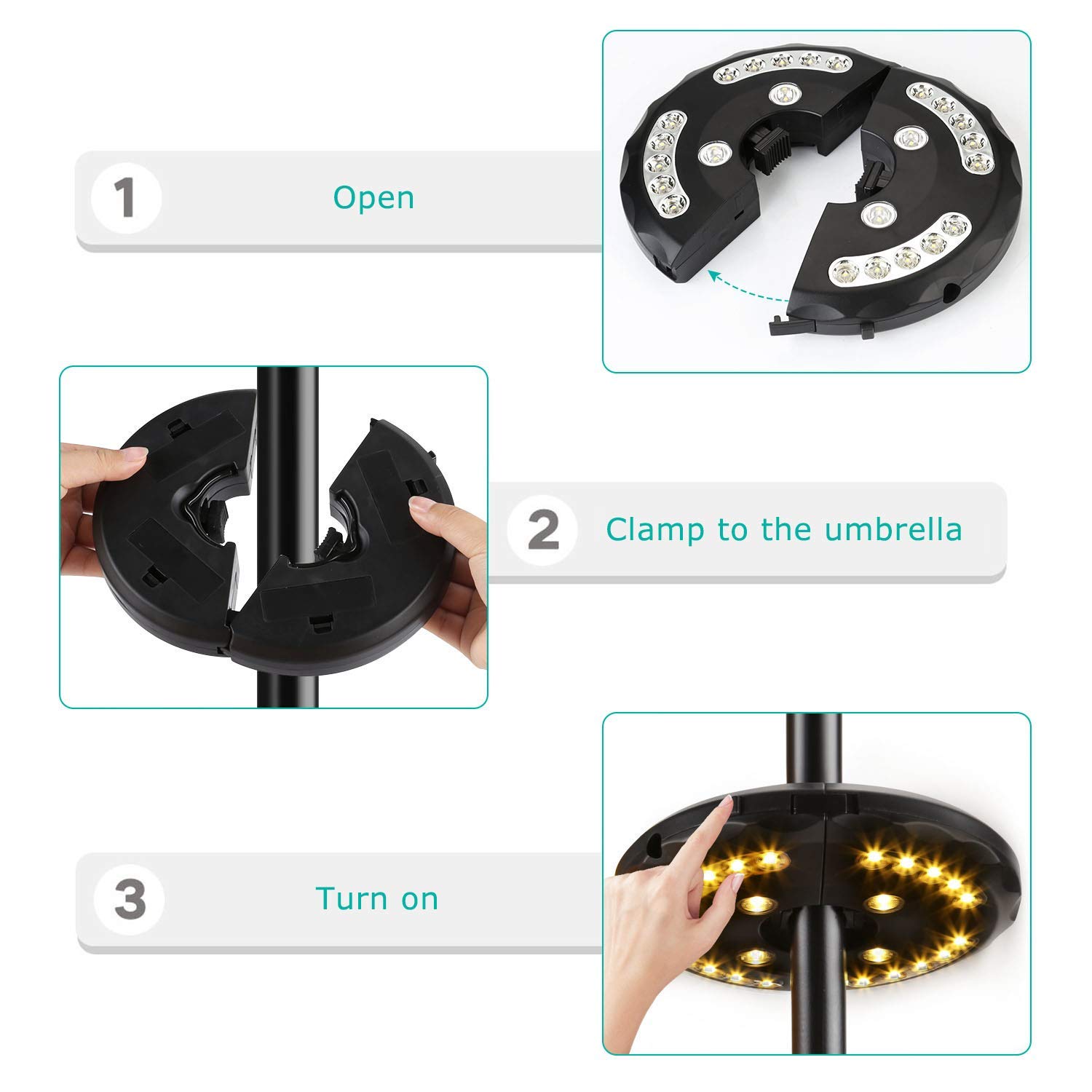 Iluminación para sombrilla SUPERNIGHT 28 luces LED Patio Lights 3 modos de luminosidad, 4 pilas AA (no im) luz para sombrilla de terraza al aire libre, camping, tiendas de campaña, blanco cálido