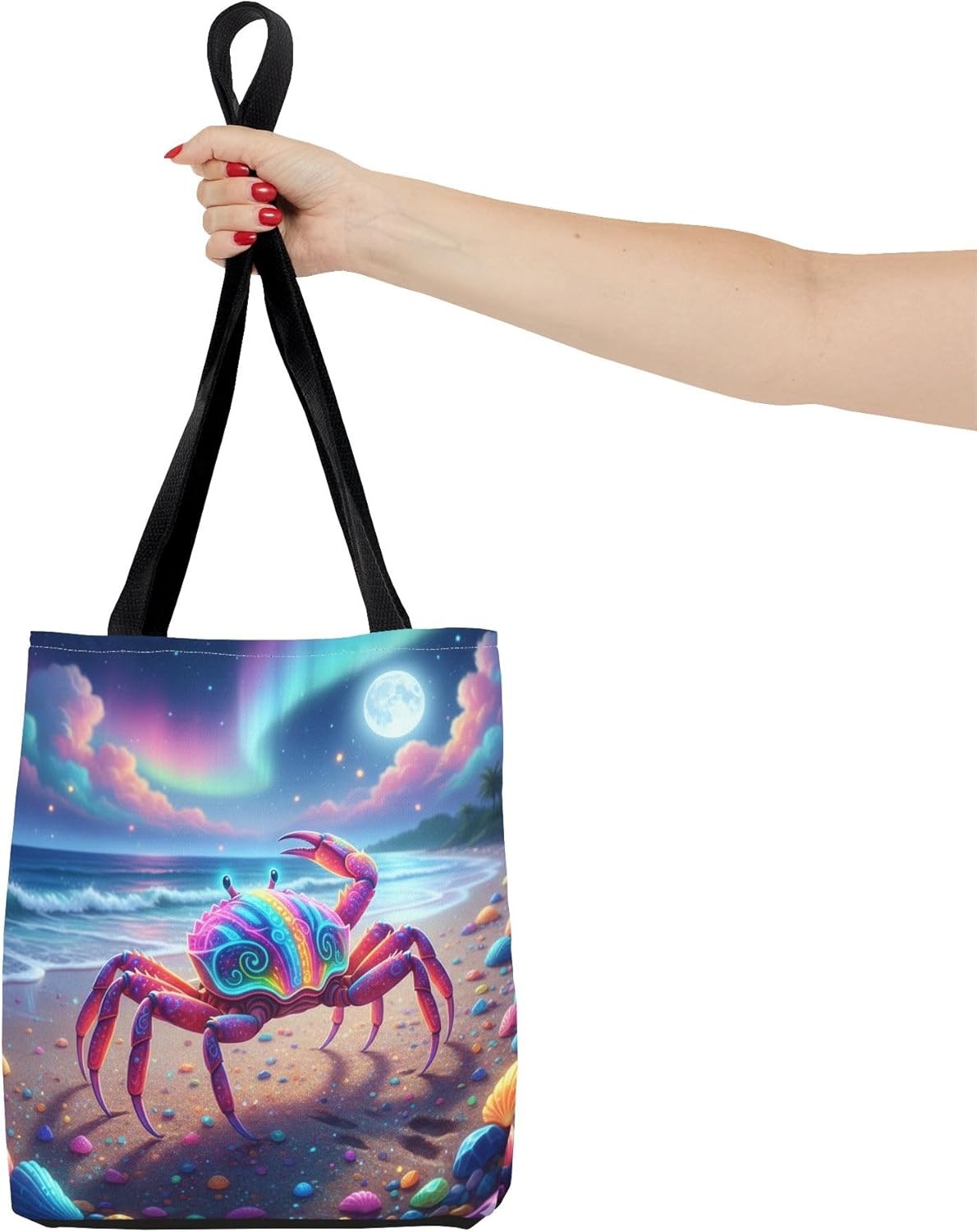 Premium Tote Bag with Reinforced Stitching – Neon Crab Crawling Across a Glowing Beach