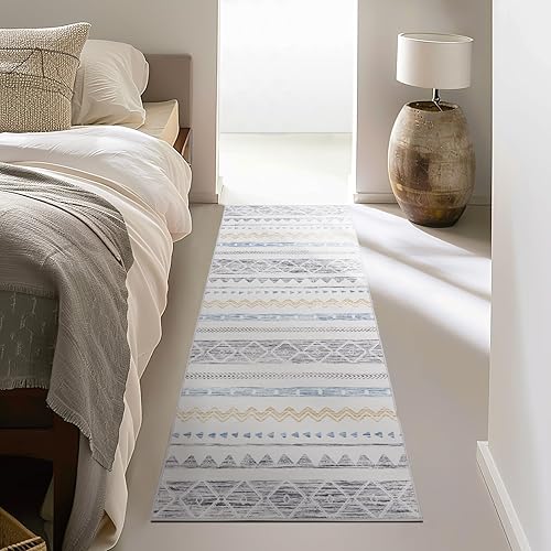 Miniatura 7 de jinchan Alfombra bohemia de 2 x 5 pies, lavable, alfombra marroquí para suelo de baño, alfombra geométrica bohemia negra y azul, alfombra fina de