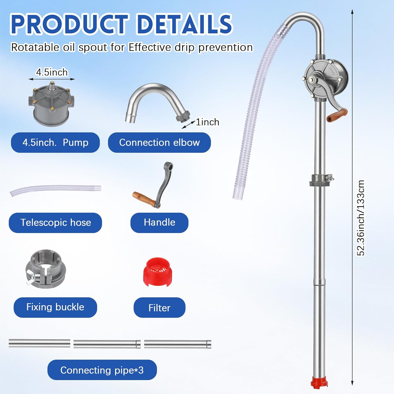 BBTO 55 Gallon Drum Pump, Heavy Duty Aluminum Manual Barrel Pump Hand Oil Transfer Pumps for 5-55 Gallon Diesel Kerosene Hydraulic Fluid