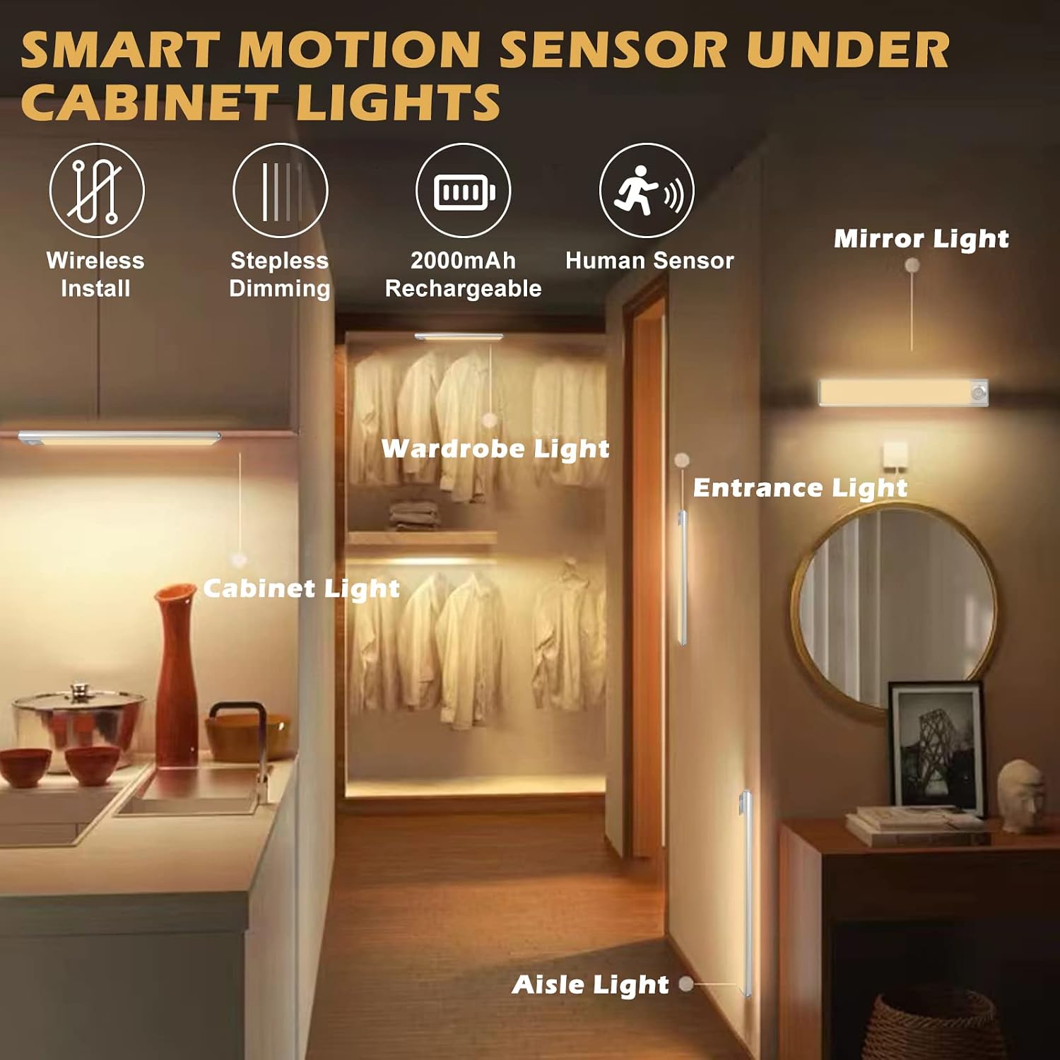 Motion Sensor Under Cabinet Lighting, 72 LED Under Cabinet Lights Wireless, Dimmable Under Counter Lights for Kitchen, Rechargeable Closet Lights Motion Sensored, USB 9.8" Motion Sensor Lights Indoor