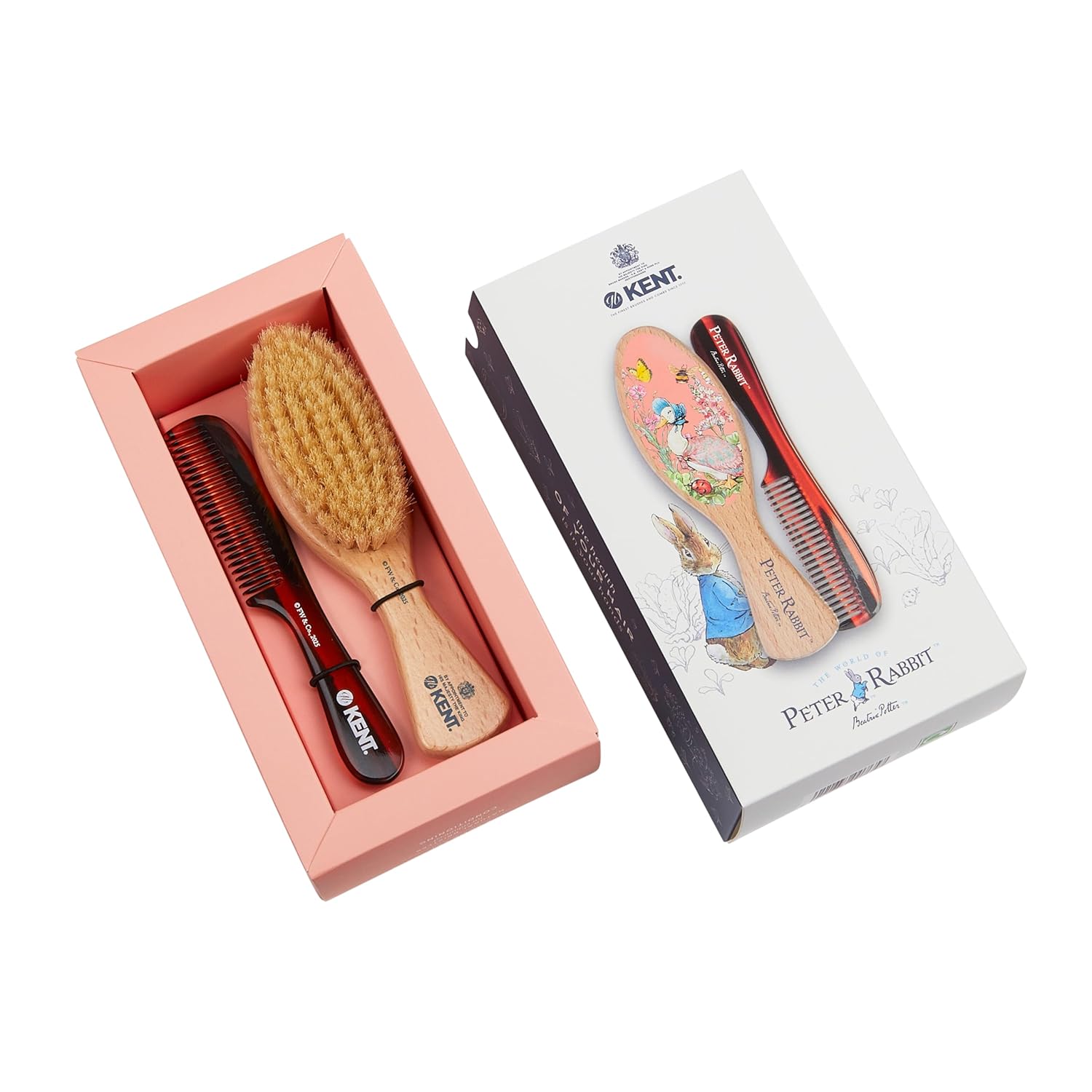 Kent Peter Rabbit Jemima Puddle Duck Baby Hair Brush and Comb Set, Soft Bristle Newborn Hair Brush, Wooden Beechwood Baby Brush Set for Fine Hair