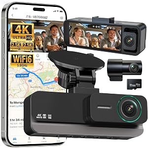 4K+2.5K+2.5K 3 Channel Dash Cam - Front/Rear/Inside - 5.8GHz WiFi 6 Dashcam with IR Night Vision, 64GB Card, 24H Parking Mode, G-Sensor - Car Dash Cam for Rideshare & Taxi