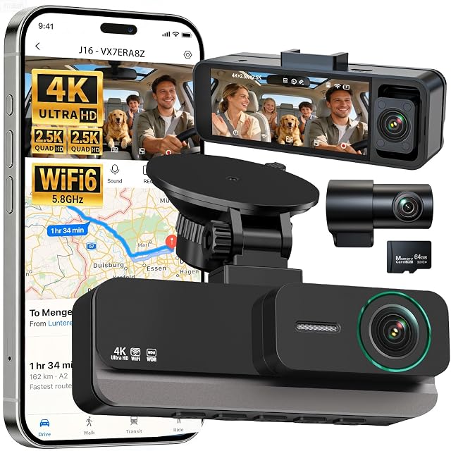 4K+2,5K+ 2,5K 3 Chaîne Dash Cam - Avant/arrière/intérieur - 5,8GHz WiFi 6 Dashcam avec IR Vision nocturne, 64GB Carte, 24H Mode de stationnement, capteur G - Voiture Dash Cam pour Rideshare & Taxi