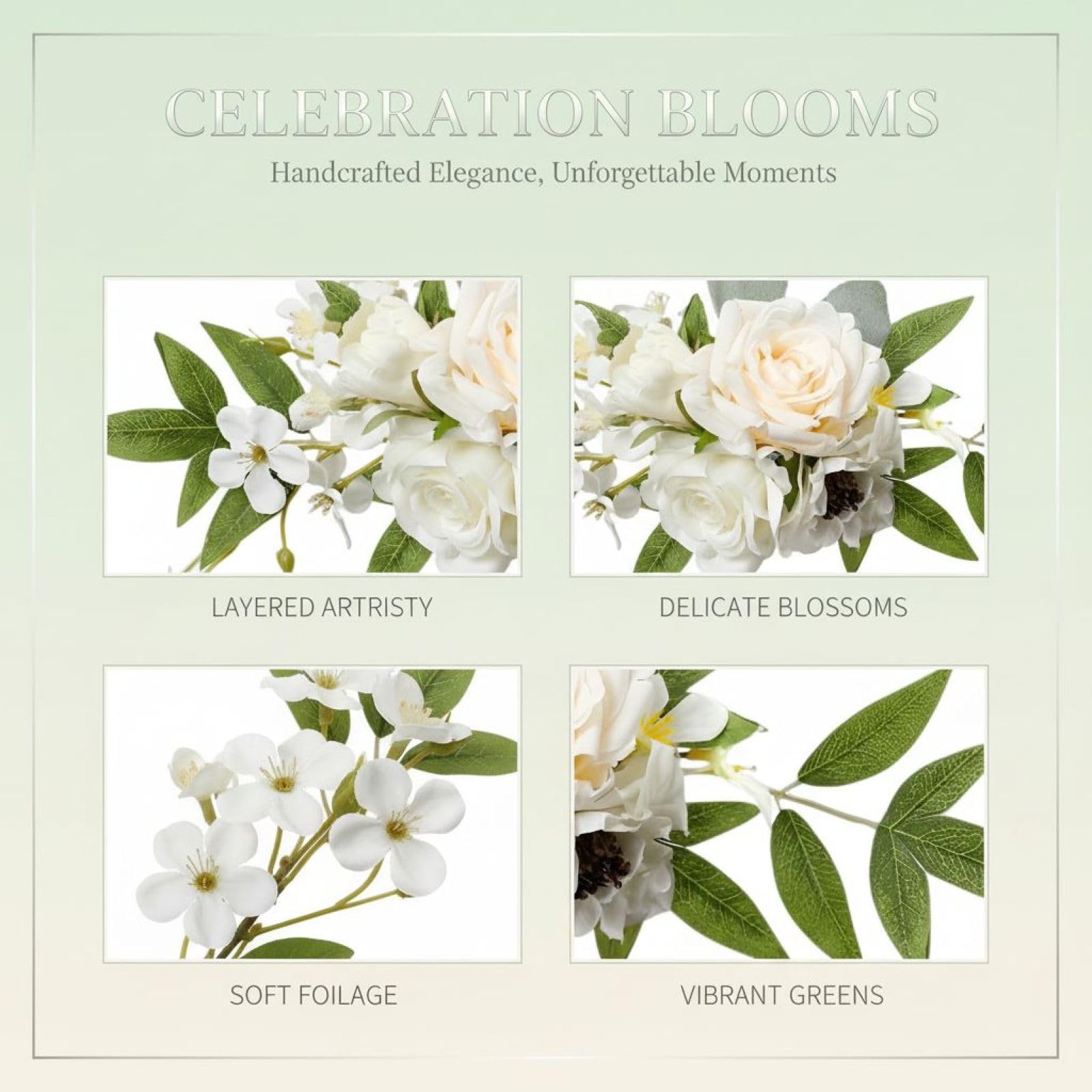 3 Stk. Kunstblumen Cake Topper, Seidenblumen Hochzeitskuchen-Deko, 31 x 13 cm Waldstil Blumenarrangement, weiße Creme grüne Mittelstücke für Hochzeitstorte, Party- und Tischdeko