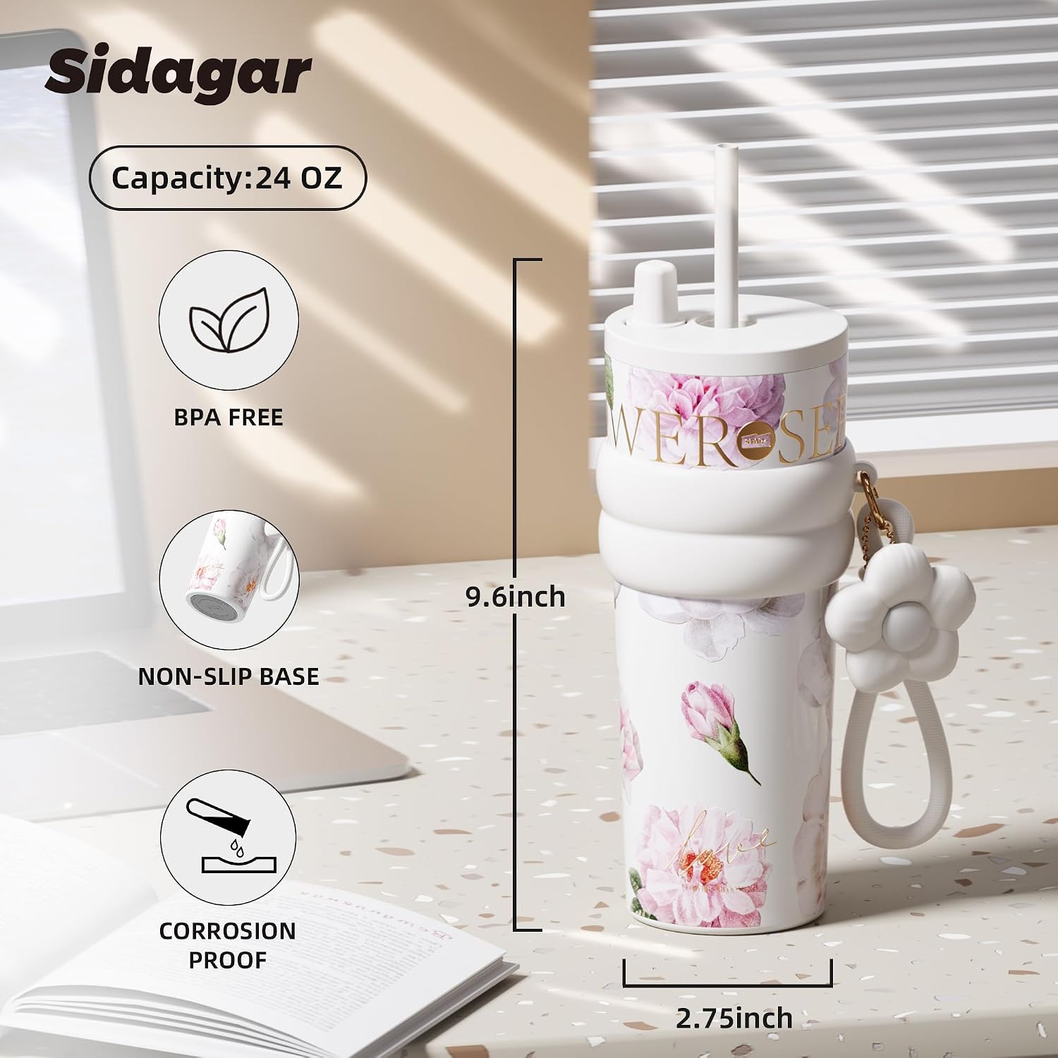 24 oz Ceramic Lined Insulated Stainless Steel Tumbler, Floral White image 2