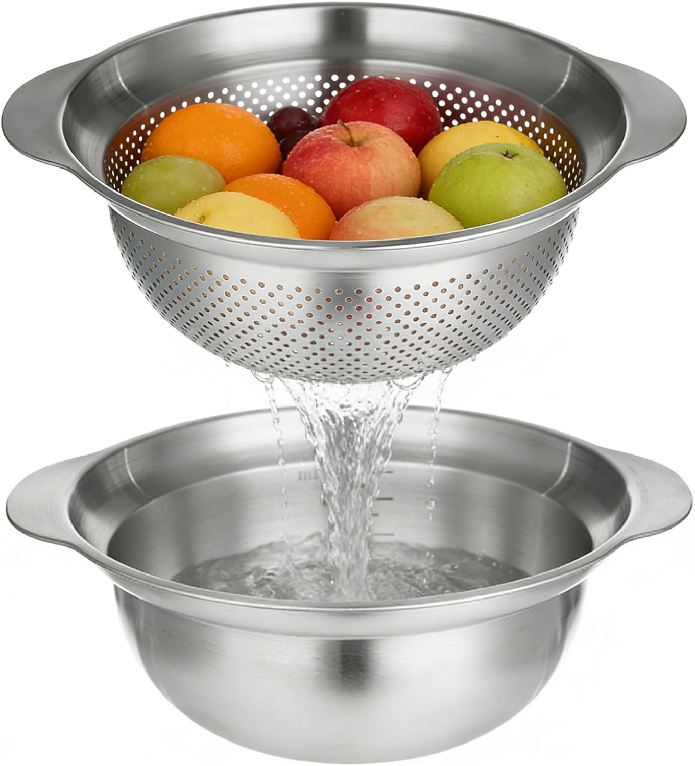 Stainless Steel Colander and Strainer, 2 Pcs Mixing Bowl Set, Kitchen Basin with Handles and Scale, Rice Washer, Vegetable Strainer with Feet