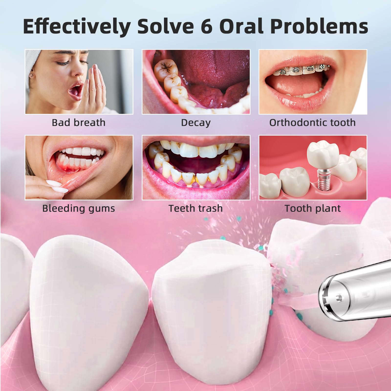 Irrigador dental inalámbrico, eléctrico, 4 modos, 4 boquillas, irrigador bucal IPX7, resistente al agua para viajes y hogar 09