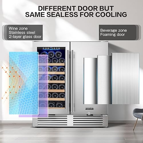 Miniatura 8 de BODEGA Refrigerador de vino y bebidas de 30 pulgadas de pie. Refrigerador de vino de acero inoxidable de doble zona debajo del mostrador, enfriador
