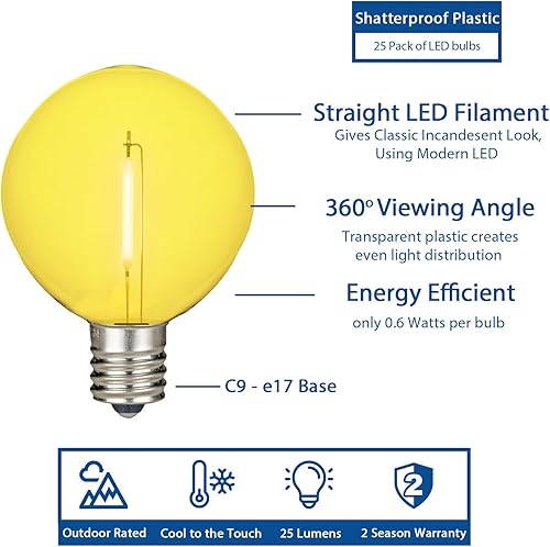 Miniatura 10 de Novelty Lights Paquete de 25 bombillas LED G50, E17 C9 con base de tornillo intermedia, inastillables, para exteriores, bombillas de globo