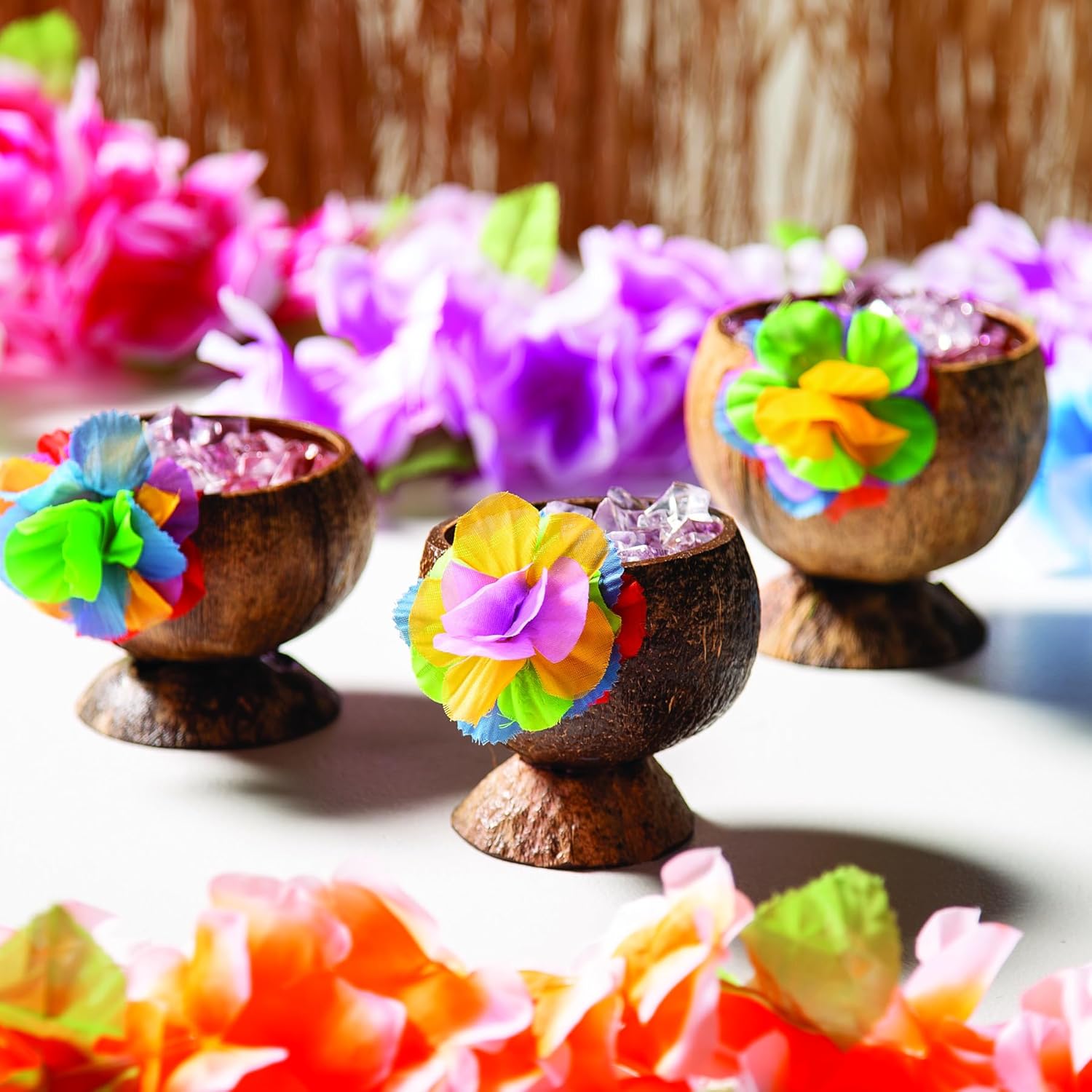 Fun Express Coconut Cups for Party 12 Pack - Natural Coconut Shell Cups with Colorful Flowers | Hawaiian Luau Party Supplies & Tiki Party Decorations | Tropical Theme Favor Holders for Candy Buffet