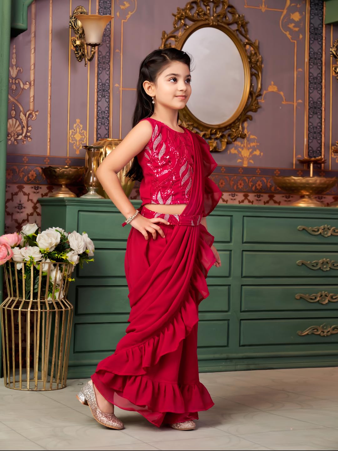 Aarika Girls Ethnic Wear Rani Colour Sequin Embroidery Georgette Lehenga Choli Set With Attached Dupatta-(Lch-Shm-5019-Rani-34)-(4-13 Years)