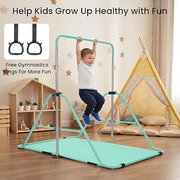 Foldable Kids Gymnastics Bar Set with Mat & Rings, 4-Level Adjustable Height (89-129cm), Stable Triangular Frame, Home Gym Gear for Boys & Girls 3-12