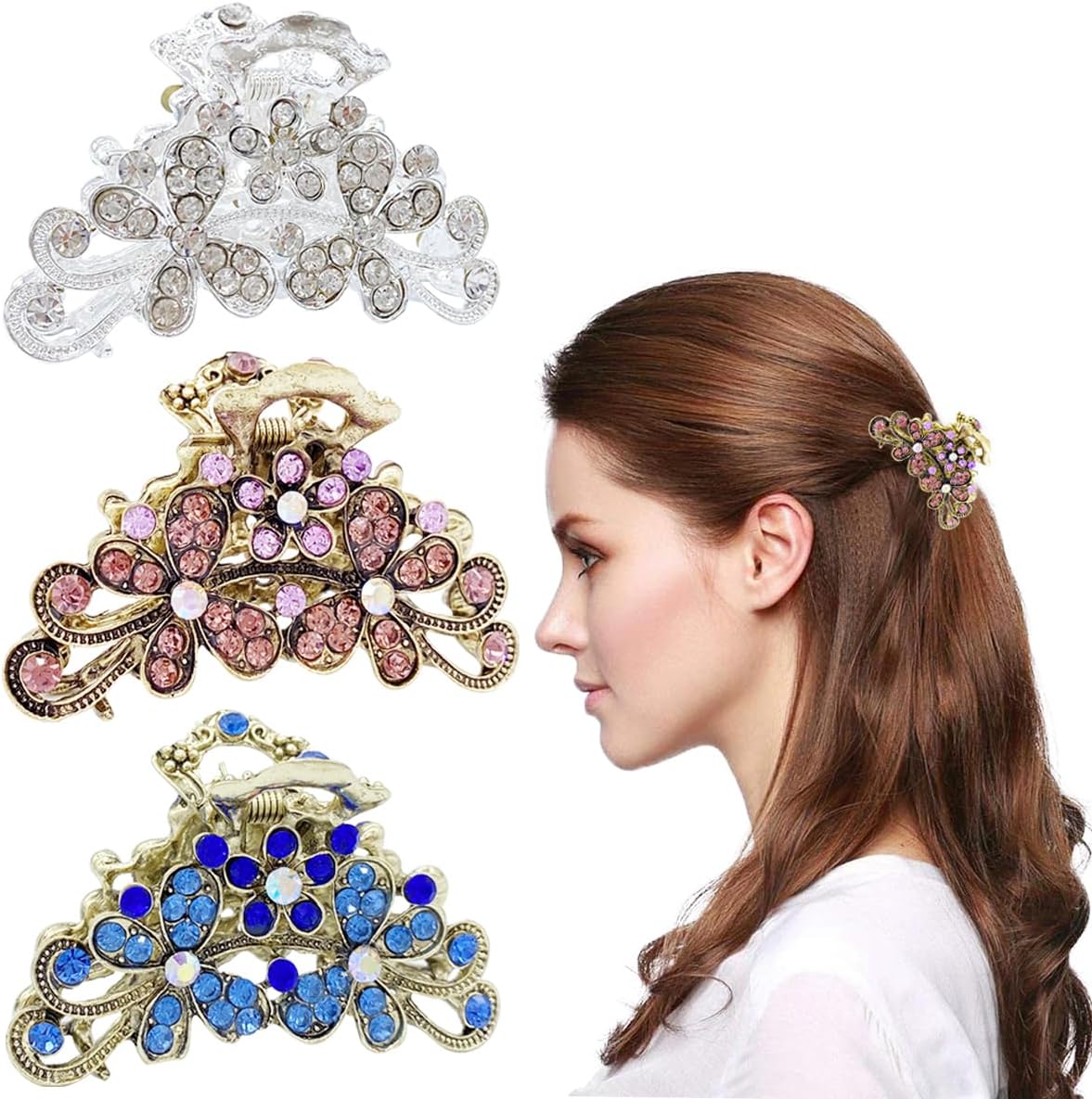 3 Pcs Vintage Rhinestone Hair Clip Alloy Fancy Hair Barrette with Decorative Flowers, Non Slip Design for Women Thick Hair, 3 Colors Available (Silver, Purple, Sky Blue)